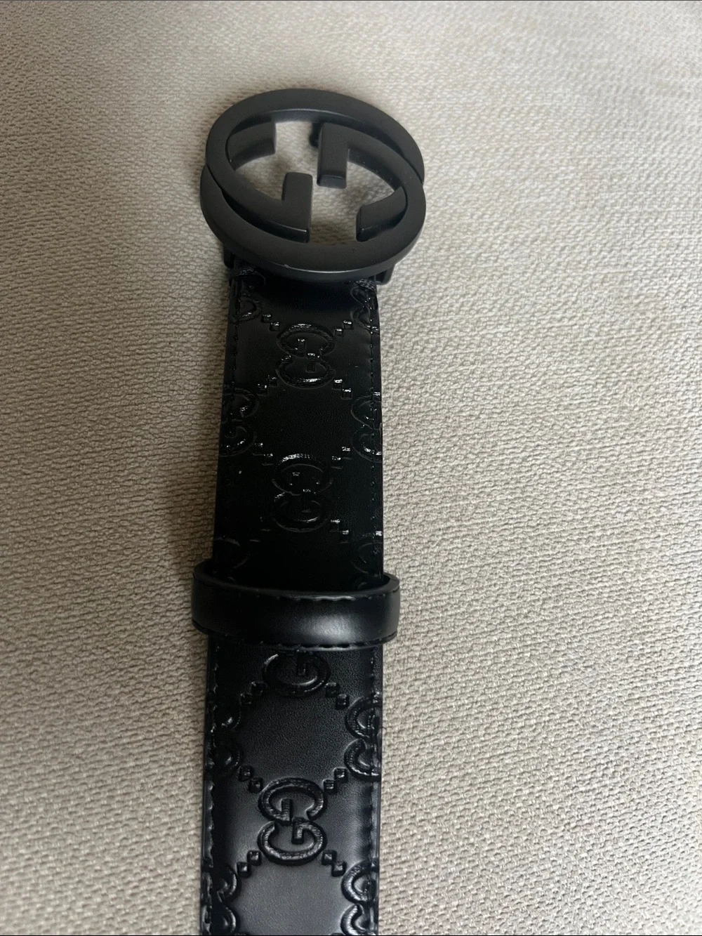 Brand New Gucci Black Embossed Leather Belt with Matte Black Double GG Buckle